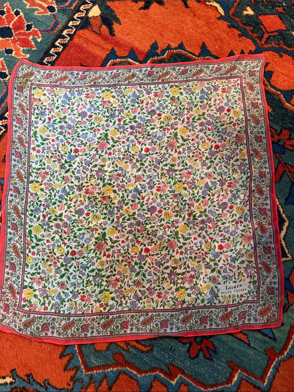 Vintage~Lauren Ralph Lauren Cream Floral and Paisley Silk Scarf with Red Border